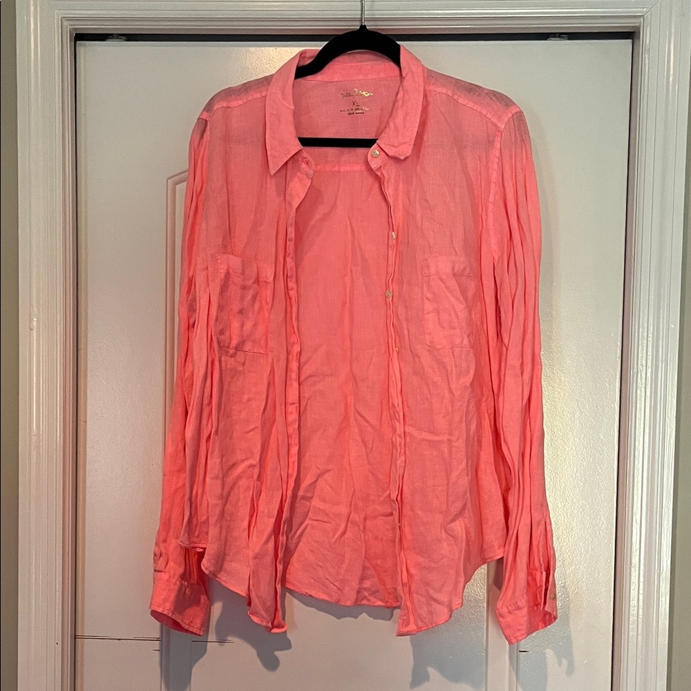 Lilly Pulitzer Linen Coral Button-Up Shirt size XL